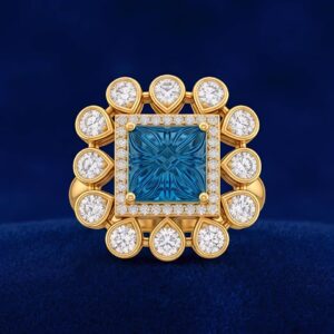 Silver Moissanite & Blue Colorstone Square Halo Ring