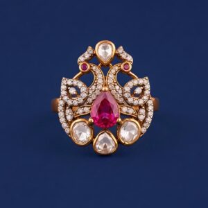 Peacock Motif Silver Ring with Moissanite, CZ & Colorstones