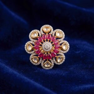 Floral Silver Ring with Moissanite, CZ & Ruby Colorstones