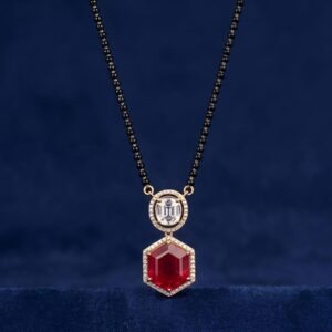 Silver Mangalsutra with Red Hexagon Pendant & Moissanite