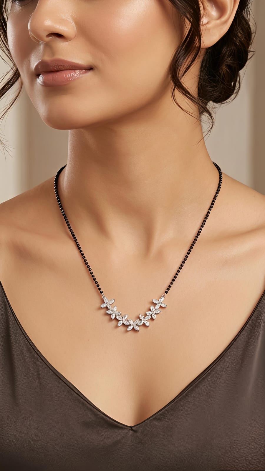 Elegant Silver Mangalsutra Necklace with Moissanite, CZ & Colorstone Floral Design - Image 2