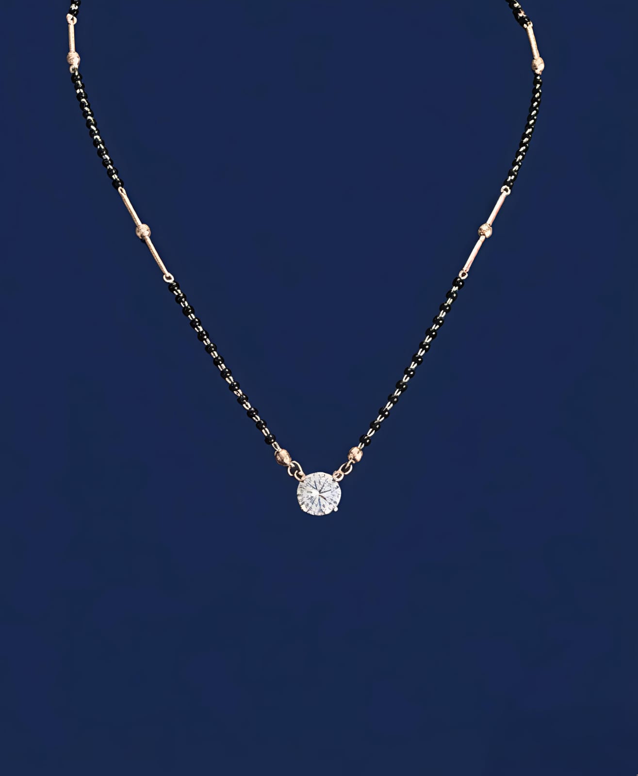 Minimalist Silver Black Beads Necklace with Moissanite & CZ Pendant